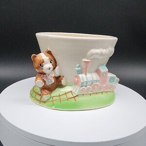 Vintage Japan Bear & Train Ceramic Planter - Pride Of The Orient Green Blue Pink